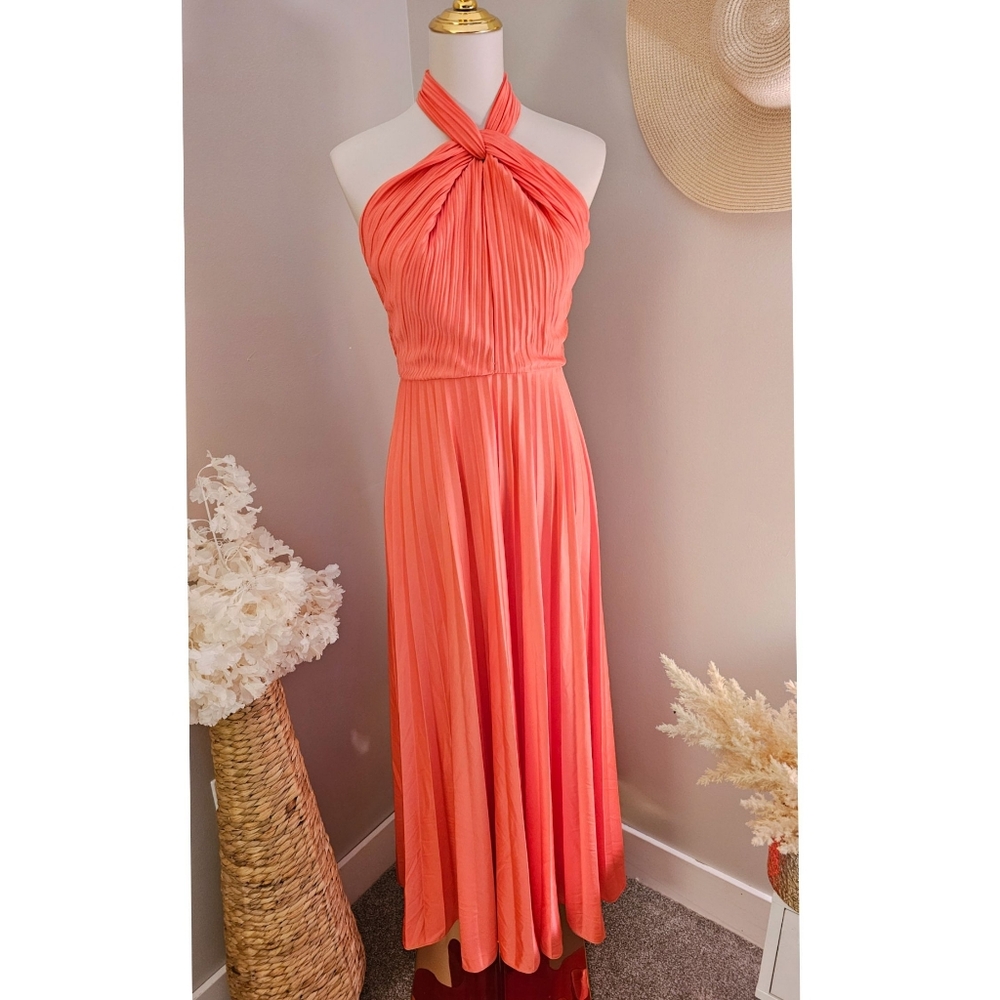 Vintage 70's Coral Cross Halter Open Back Accordion Long Maxi Dress